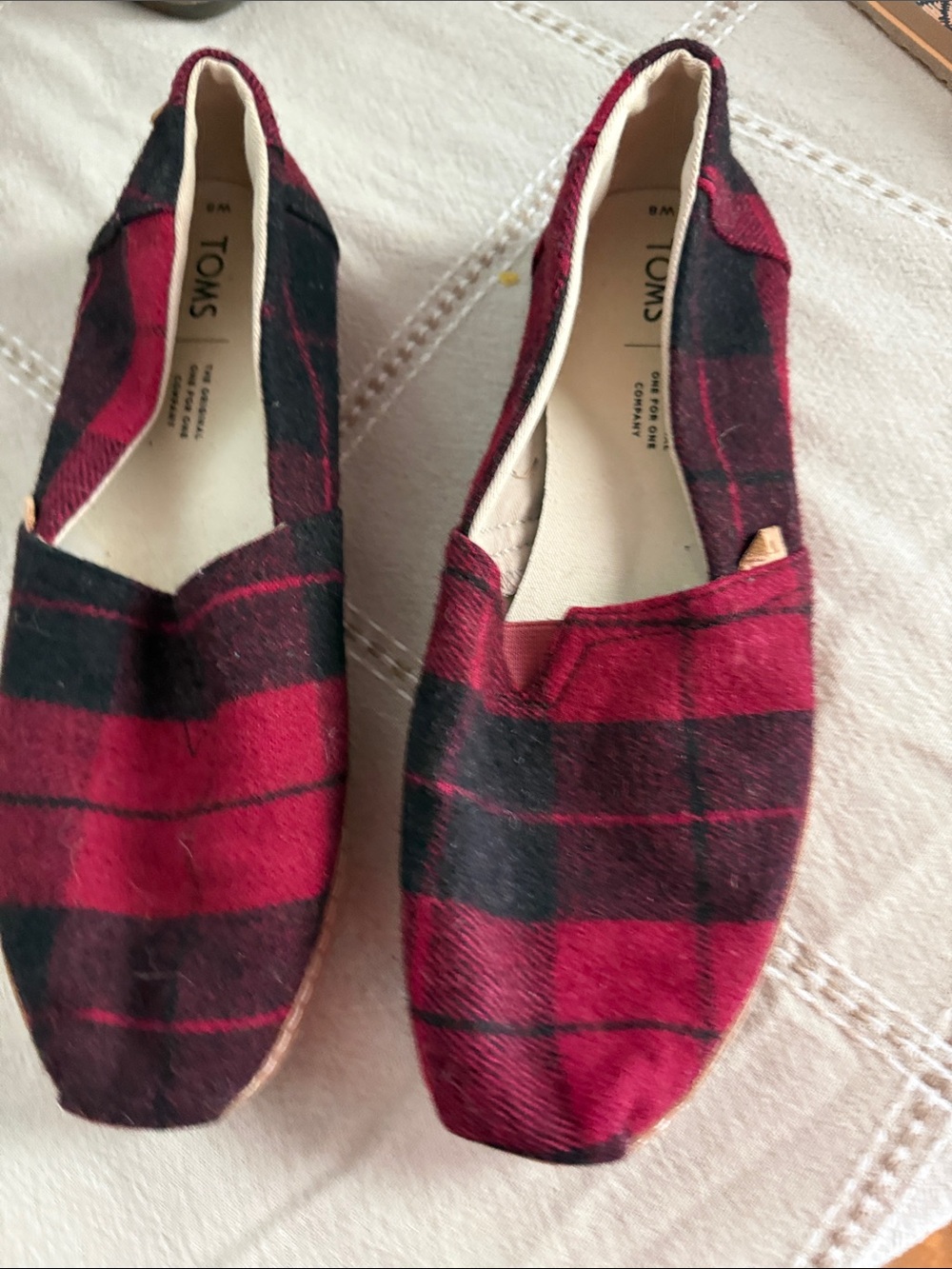 TOMS Red and Black Plaid Alpargata Slip-Ons